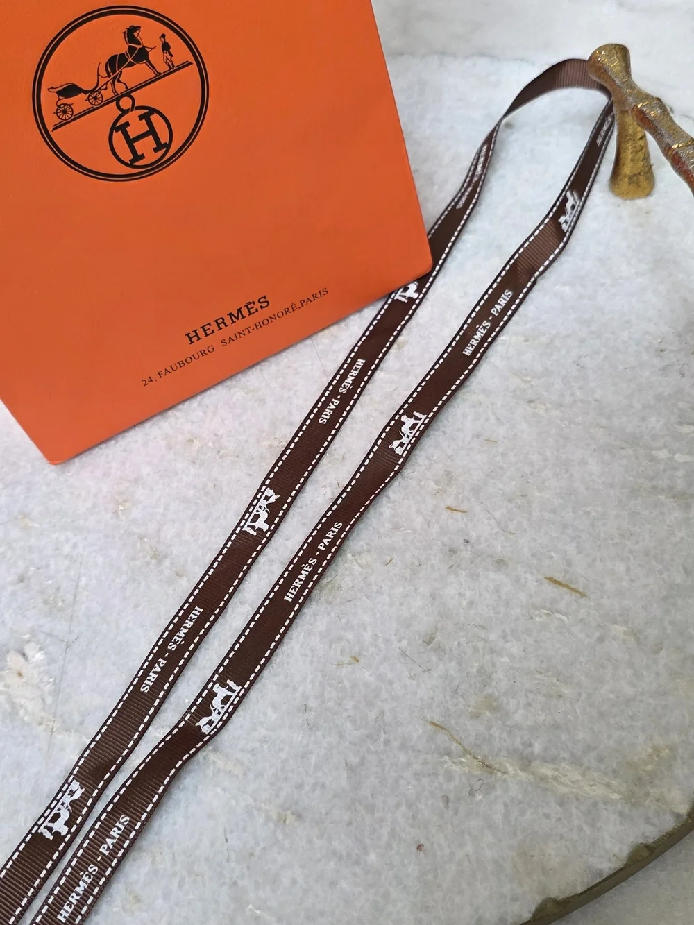 Hermes Paris Authentic Orange Shopping Gift Bag with Brown Ribbon 24 Faubourg